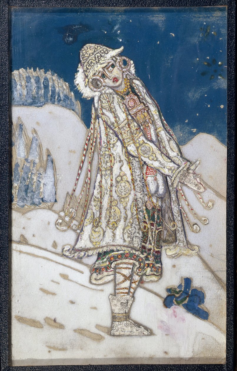Pukuprojekti Alexandre Ostrovskin (1823-1886) näytelmään La demoiselle des neiges. (A. Ostrovskin pukusuunnittelu teatterinäytelmään Snow Maiden). Nicholas Roerichin (1874-1947) teos, tempera paperille tekijältä Nicholas Roerich