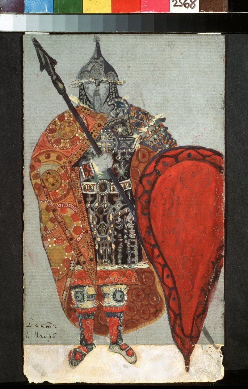 Pukuprojekti Aleksanteri Borodinin (1833-1887) oopperaan Prinssi Igor. Nicholas Roerichin (1874-1947) työ, kynä, guassi ja kulta paperille tekijältä Nicholas Roerich