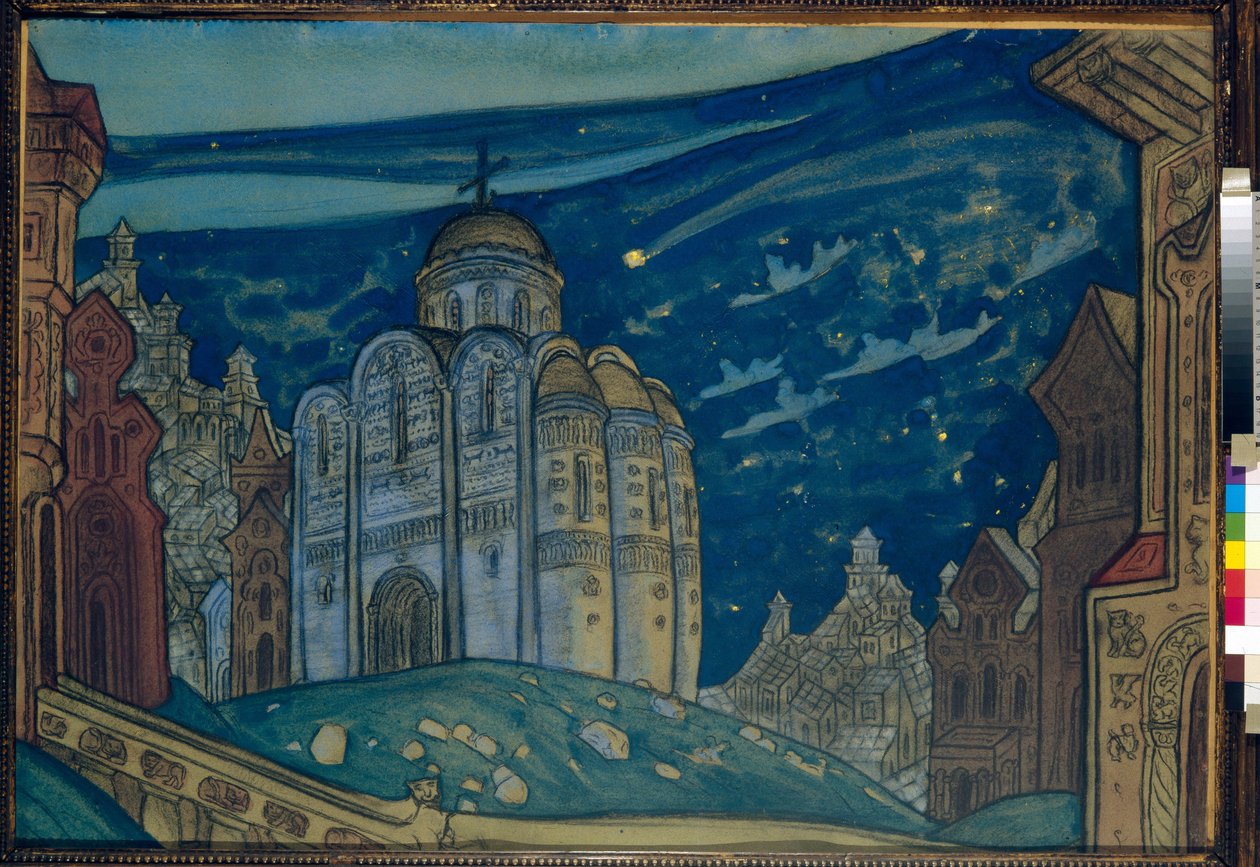 Sinä pystyt Sisustus Aleksanteri Borodinin (Borodin) (1833-1887) oopperaan "Prince Igor". Nicolas (Nicholas) Roerichin (1874-1947) työ, guassi ja tempera paperille tekijältä Nicholas Roerich