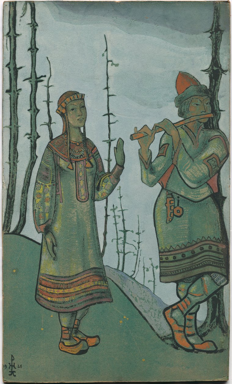 The Snow Maiden ja Lel, jotka on pukeutunut Rimski-Korsakovin suunnitteluun, ooppera Lumityttö, 1921 tekijältä Nicholas Roerich
