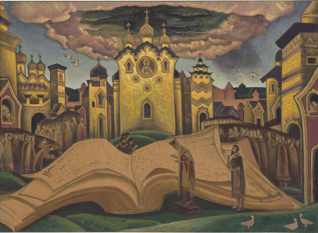 Golubinaya Kniga (Kyyhkysen kirja, le livre de la colombe) Roerich, Nicholas (1874-1947). Tempera kankaalle, koko: 73,5x101,5 tekijältä Nicholas Roerich