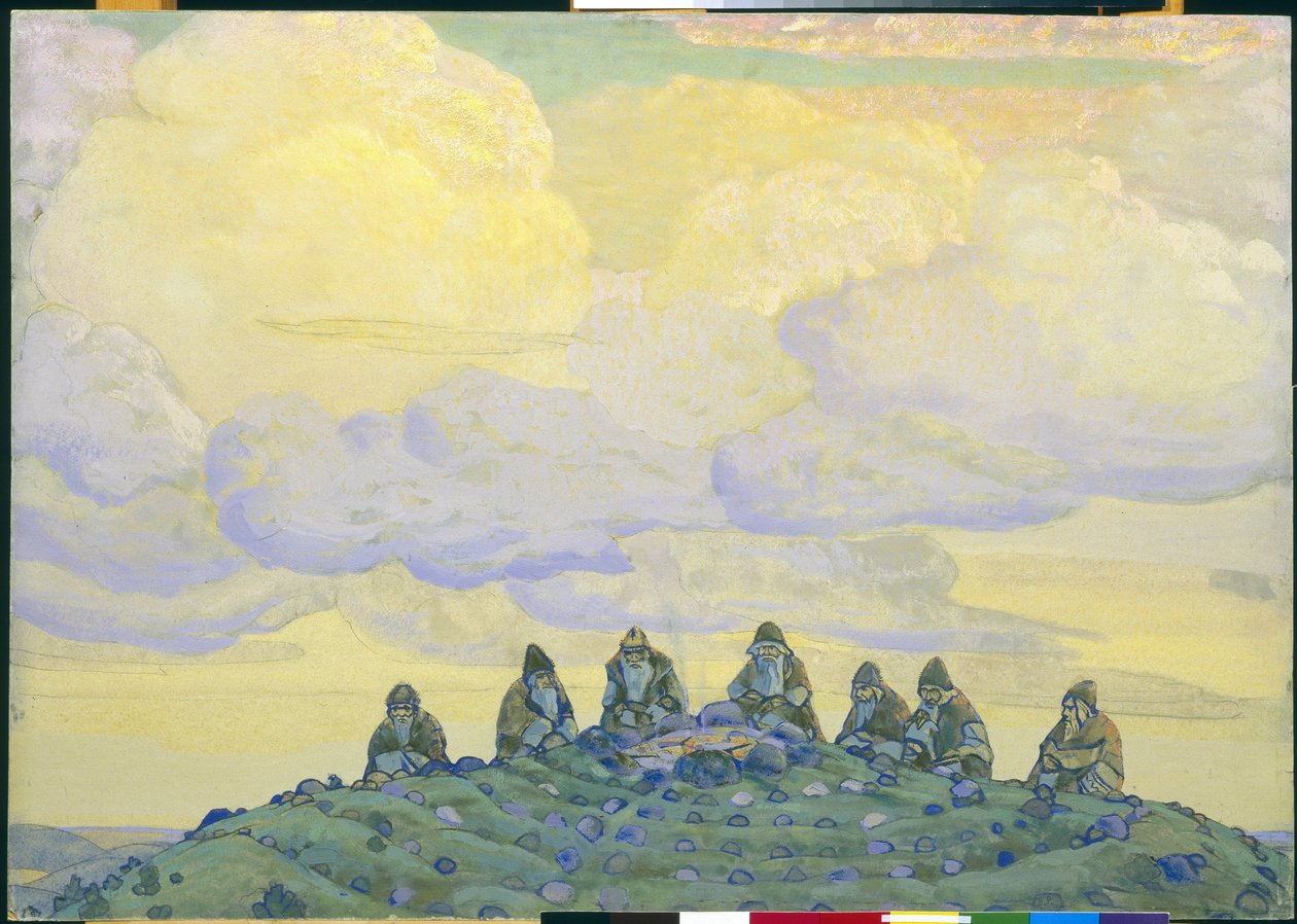 Suuri uhri: sisustus Igor Stravinskyn balettiin "Kevään riitto", 1910 tekijältä Nicholas Roerich
