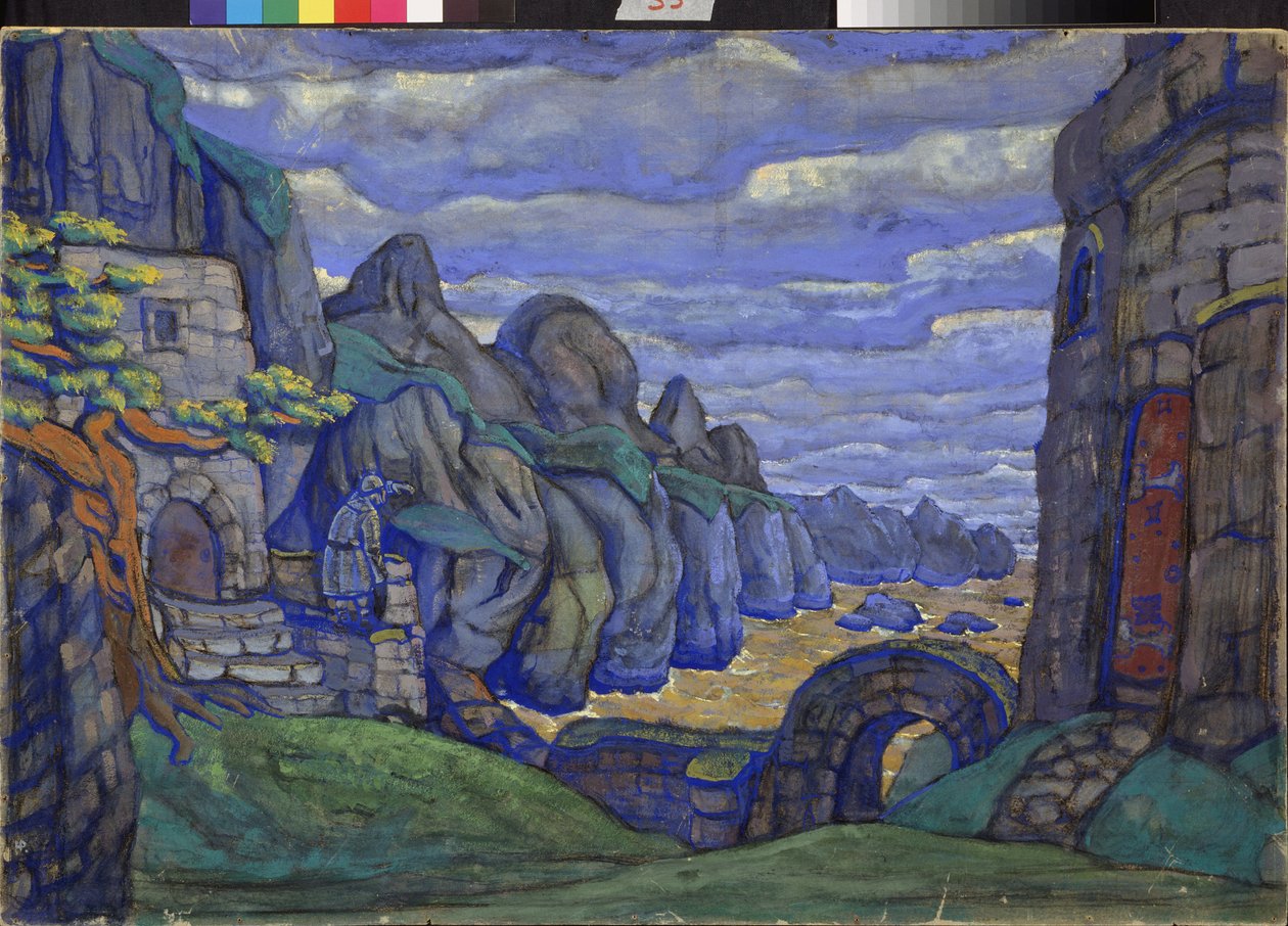 Kylä meren rannalla Richard Wagnerin (1813-1883) oopperan Tristan ja Isolde valmisteleva sisustus. Nicholas Roerichin (1874-1947) työ, guassi ja tempera pahville tekijältä Nicholas Roerich