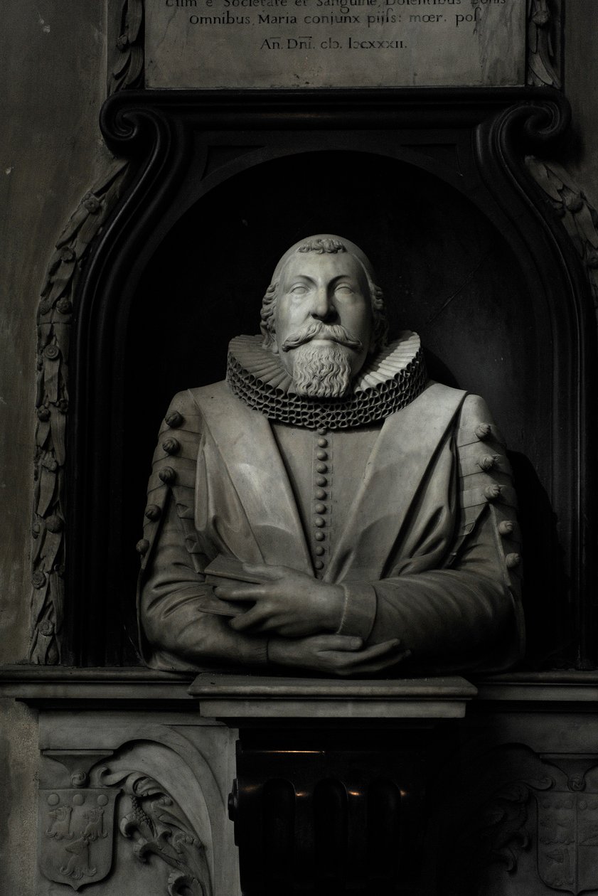 Hugo Barkerin muistomerkki, 1632 (marmori) tekijältä Nicholas Stone