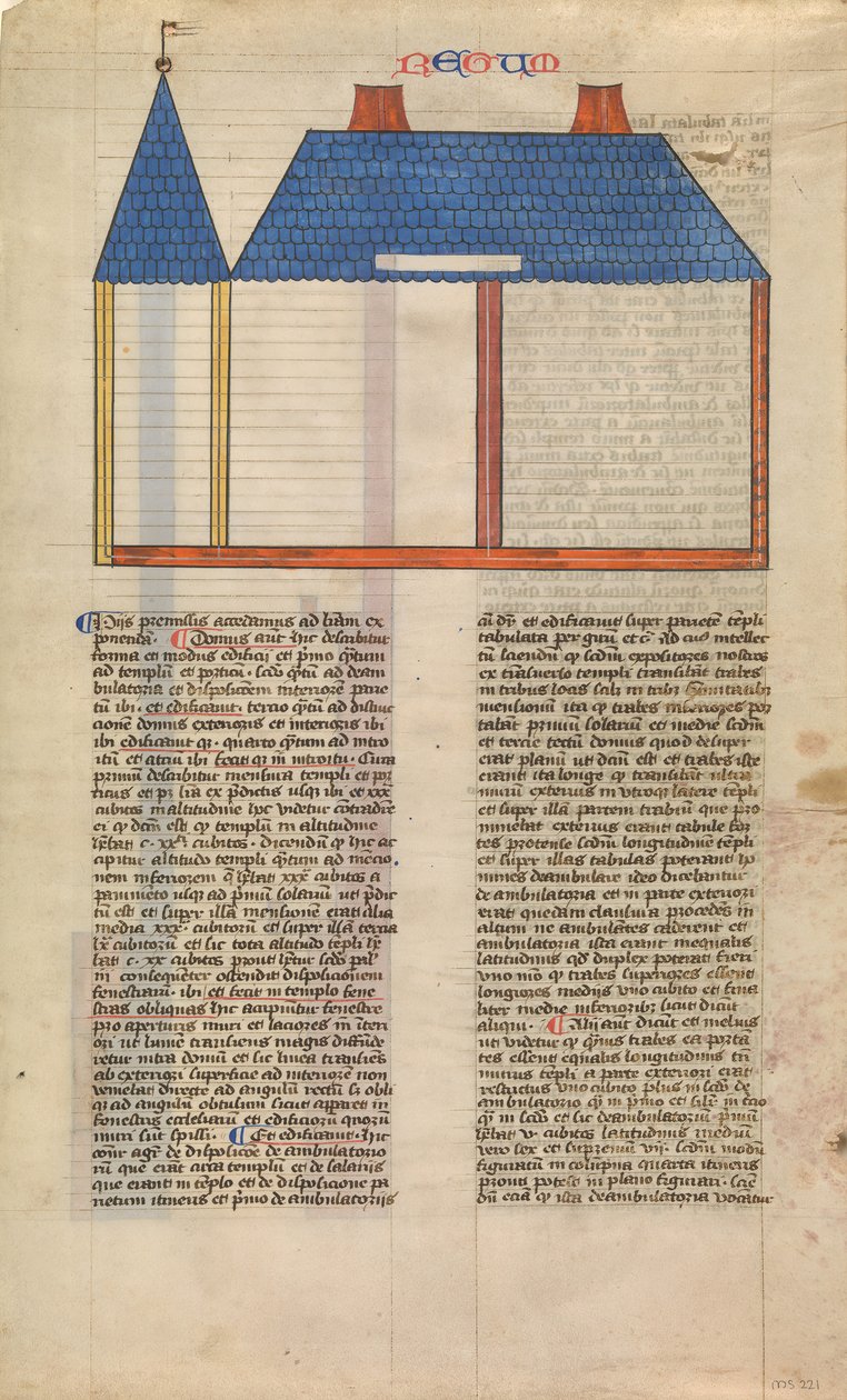 Salomonin temppelin korkeus, yksi kuudesta kuvitetusta lehdestä Postillasta..., n. 1360-1380. tekijältä Nicholas of Lyra