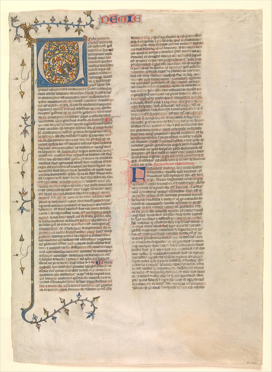 Alkukirja V Nehemian kommenteista, yksi kuudesta kuvitetusta lehdestä..., n. 1360-1380. tekijältä Nicholas of Lyra