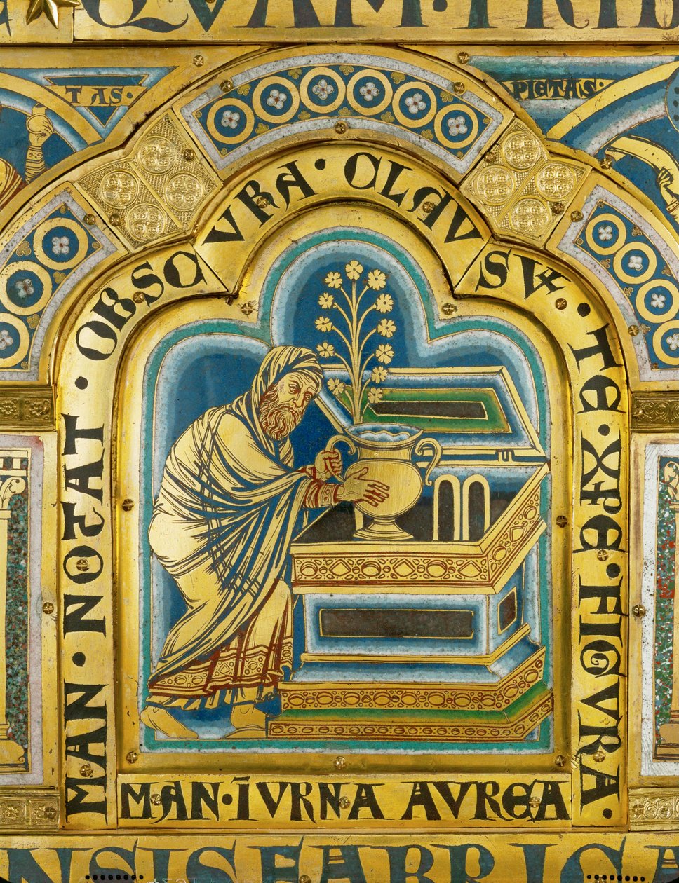Aaron laittaa mannaa sisältävän kultaisen purkin liitonarkkiin muistoksi israelilaisten vaelluksesta erämaassa. tekijältä Nicholas of Verdun