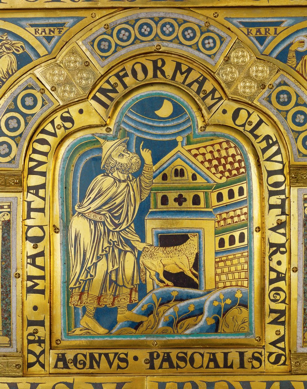 Agnus Pascalis, symbolinen pääsiäislammas ... (emalilaatta leimasin tekniikalla kullattua kuparia vasten) tekijältä Nicholas of Verdun