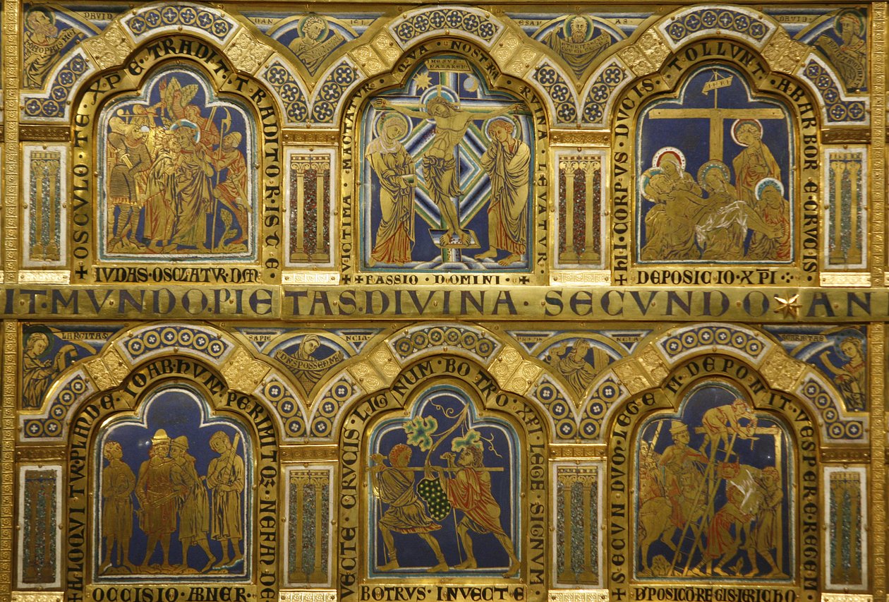 Nicholas Verdunin (n. 1130/50-1205) Verdun-alttari, valmistunut vuonna 1181, Klosterneuburg, Itävalta, emaloidut paneelit tekijältä Nicholas of Verdun