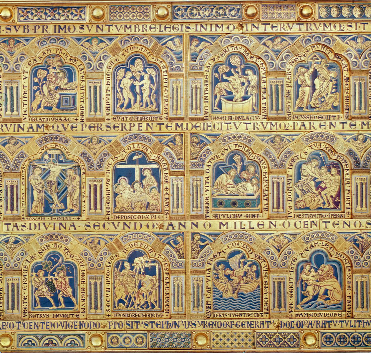 Verdunin alttari, yksityiskohta raamatullisia kohtauksia esittävistä koristeellisista paneeleista, 1181, leike-emalointi. tekijältä Nicholas of Verdun