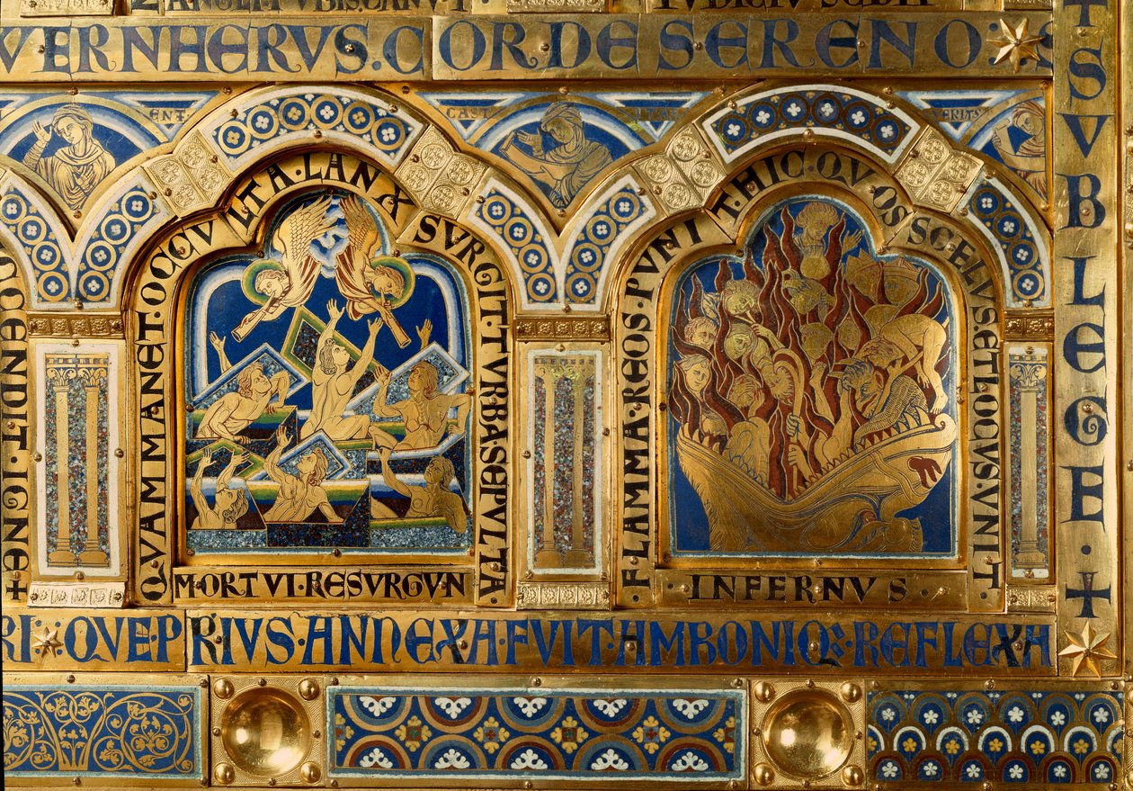 Nicolas de Verdunin (n. 1130/50-1205) kullasta ja enamaillesta tekemä Verdun-alttari: kohtauksia Vanhasta ja Uudesta testamentista: yksityiskohta, joka kuvaa kuolleiden jättämistä haudastaan viimeisen tuomion päivänä ja pirun liekeissä palavia helvetistä.  tekijältä Nicholas of Verdun
