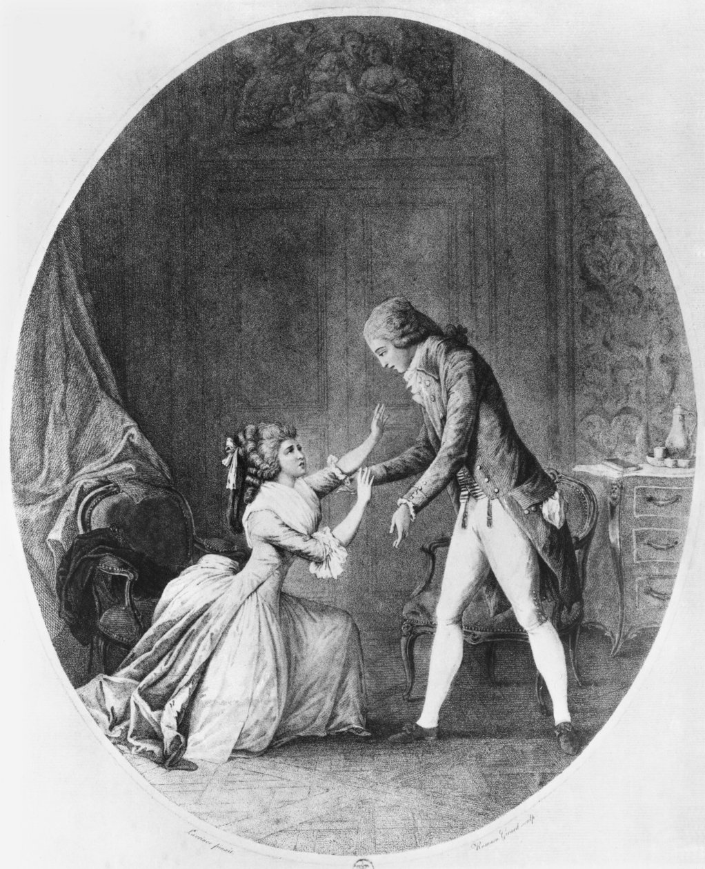 Valmont viettelemässä Madame de Tourvelia, kuvitus Pierre Choderlos de Laclosin (1741-1803) "Les Liaisons Dangereuses" -teoksesta, kaiverrettu Romain Girard (s.c.1751) 1782 (kaiverrus) (m/v kuva) tekijältä Niclas II (after) Lafrensen