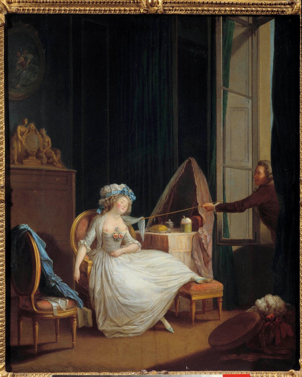 Kevytmielinen rakkaus Mies löytää rinnallaan nukkuvan nuoren naisen rinnan. Niklas Lavreincen (1737-1807) maalaus. 1700-luvun Pariisi. Musee Cognacq Jay tekijältä Niclas II Lafrensen