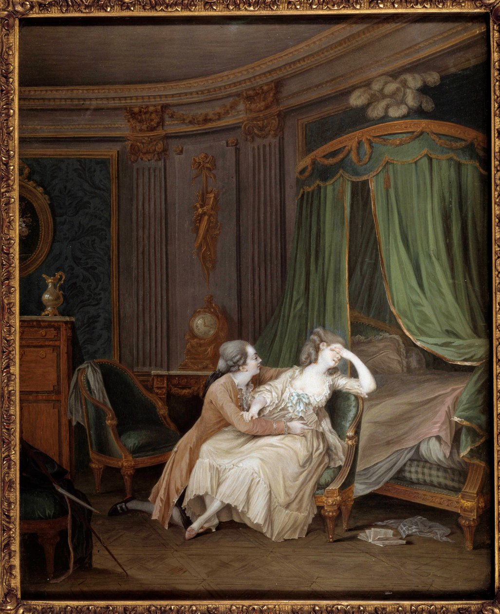Myöhäinen parannus Mies, luultavasti tunnustaa morsiamelleen uskottoman, joka pyörtyy. Niklas Lavreincen (1737-1807) maalaus 1700-luvun Pariisissa, Musee Cognacq Jay tekijältä Niclas II Lafrensen
