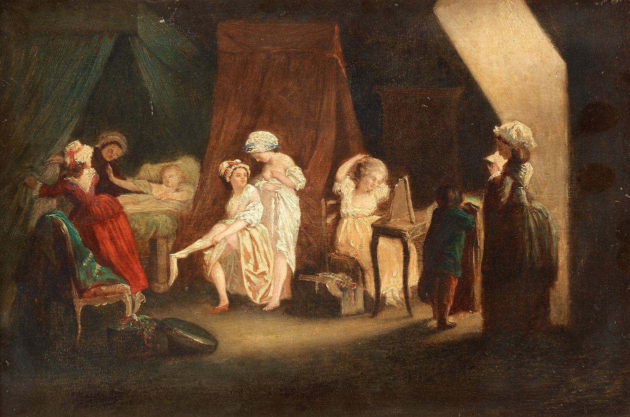 Lever des ouvrieres en mode, Lafrensen, Niklas (Nicolas Lavreince tai Lavrince) (1737-1807). Öljy puulle, koko: 27x39, , Yksityiskokoelma tekijältä Niclas II Lafrensen