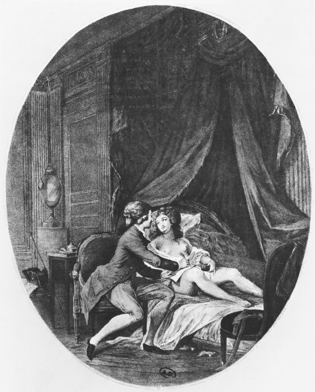 Valmont ja Emilie, kuvitus Pierre Choderlos de Laclosin (1741-1803) Les Liaisons Dangereuses -teoksesta, kaivertanut Romain Girard (s. 1751) 1782 tekijältä Niclas II Lafrensen