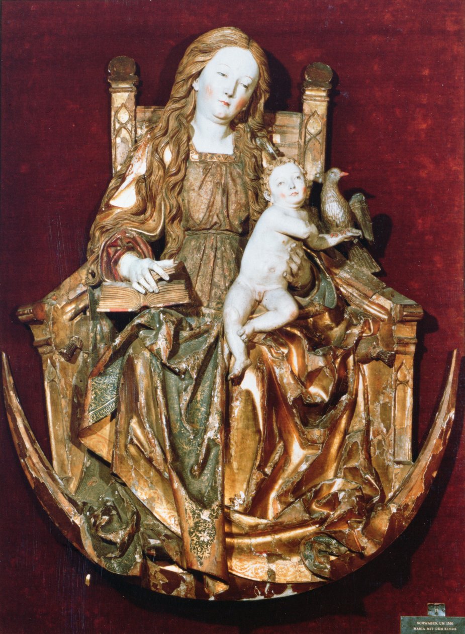 Madonna ja lapsi istuu puolikuun yläpuolella, n. 1510 (monivärinen puu) tekijältä Niclaus the Elder attr. to Weckman