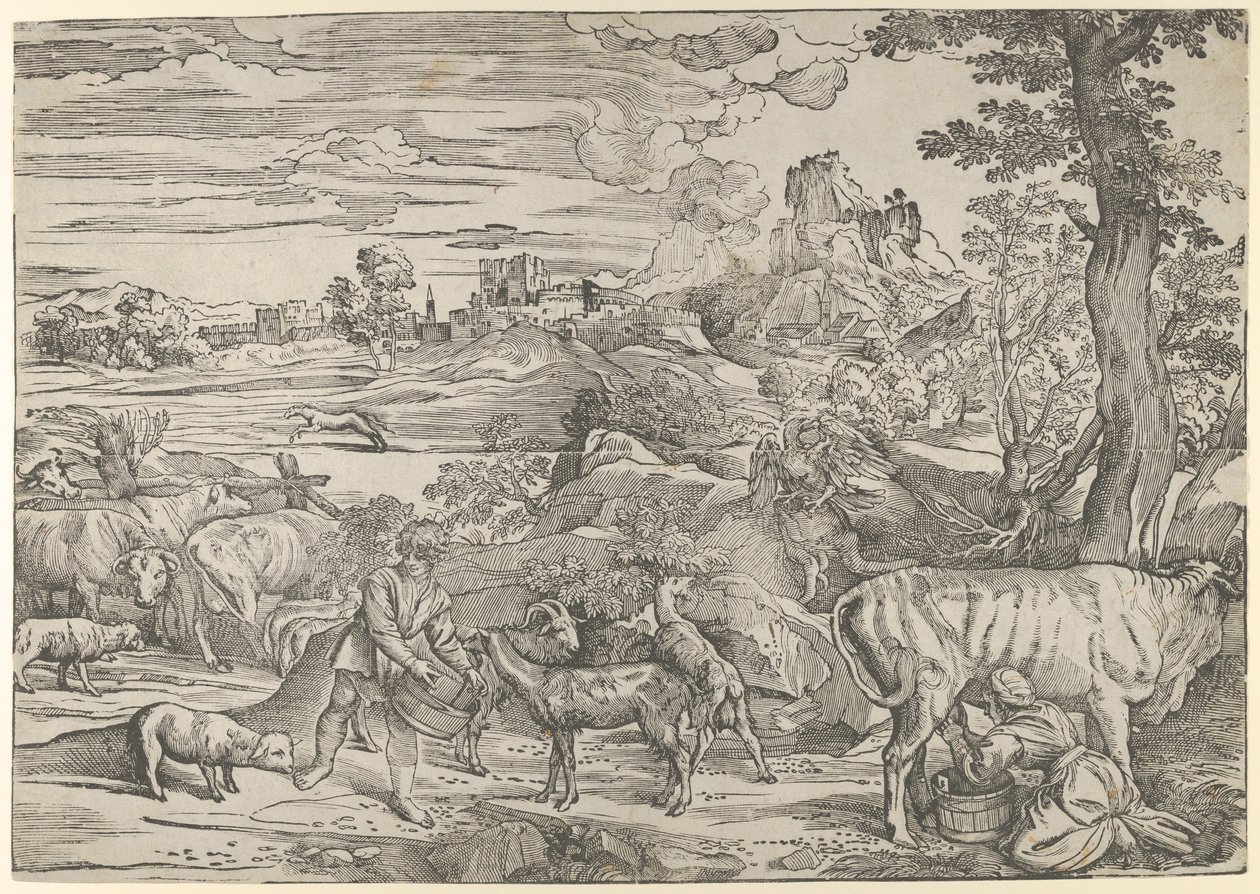 Maisema, jossa maitoneito oikealla ja poika vasemmalla, n. 1535-40, n. 1535-40. tekijältä Nicolò Boldrini