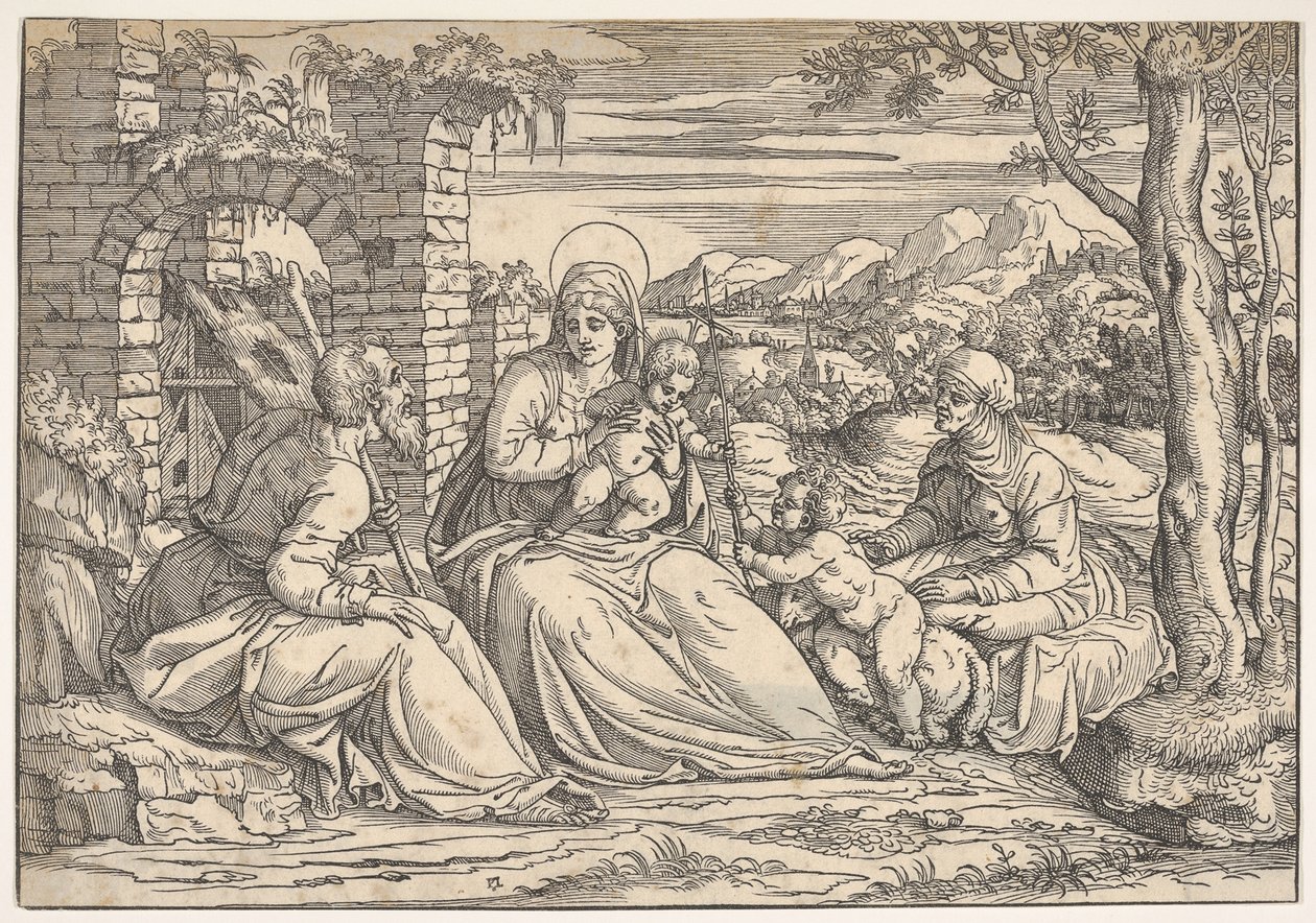 Pyhä perhe pyhien Elisabetin ja Johanneksen kanssa, n. 1550. tekijältä Nicolò Boldrini