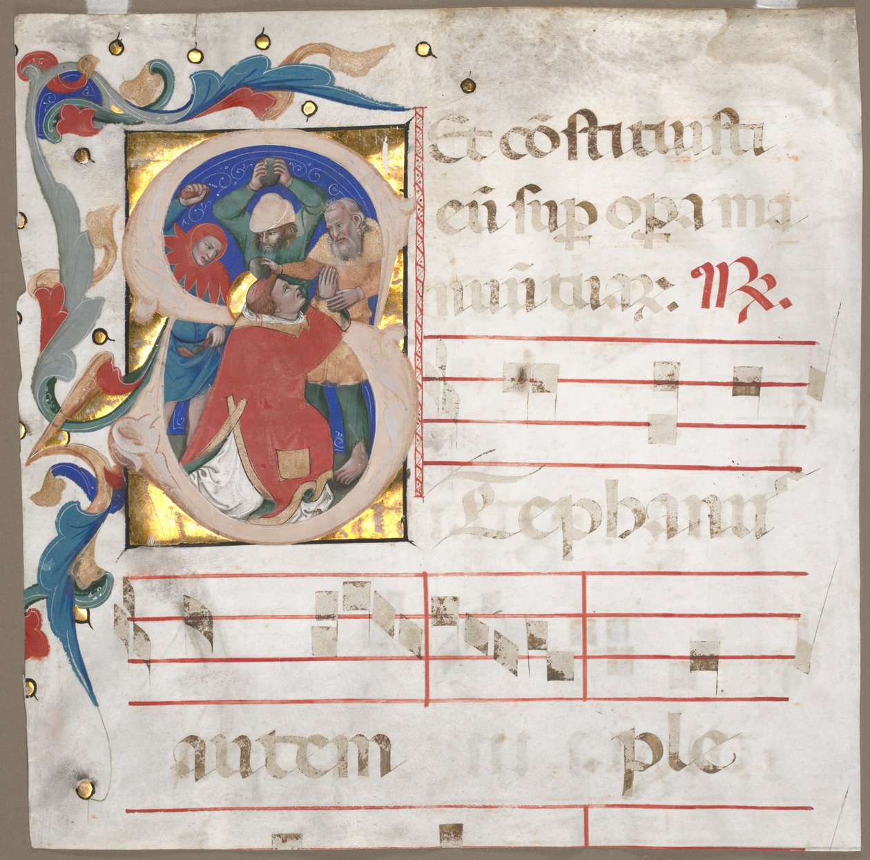 Fragmentti antifoniasta, jossa on historiallinen alkukirjain (S): St. Stephenin kivittäminen tekijältä Nicolò da Bologna