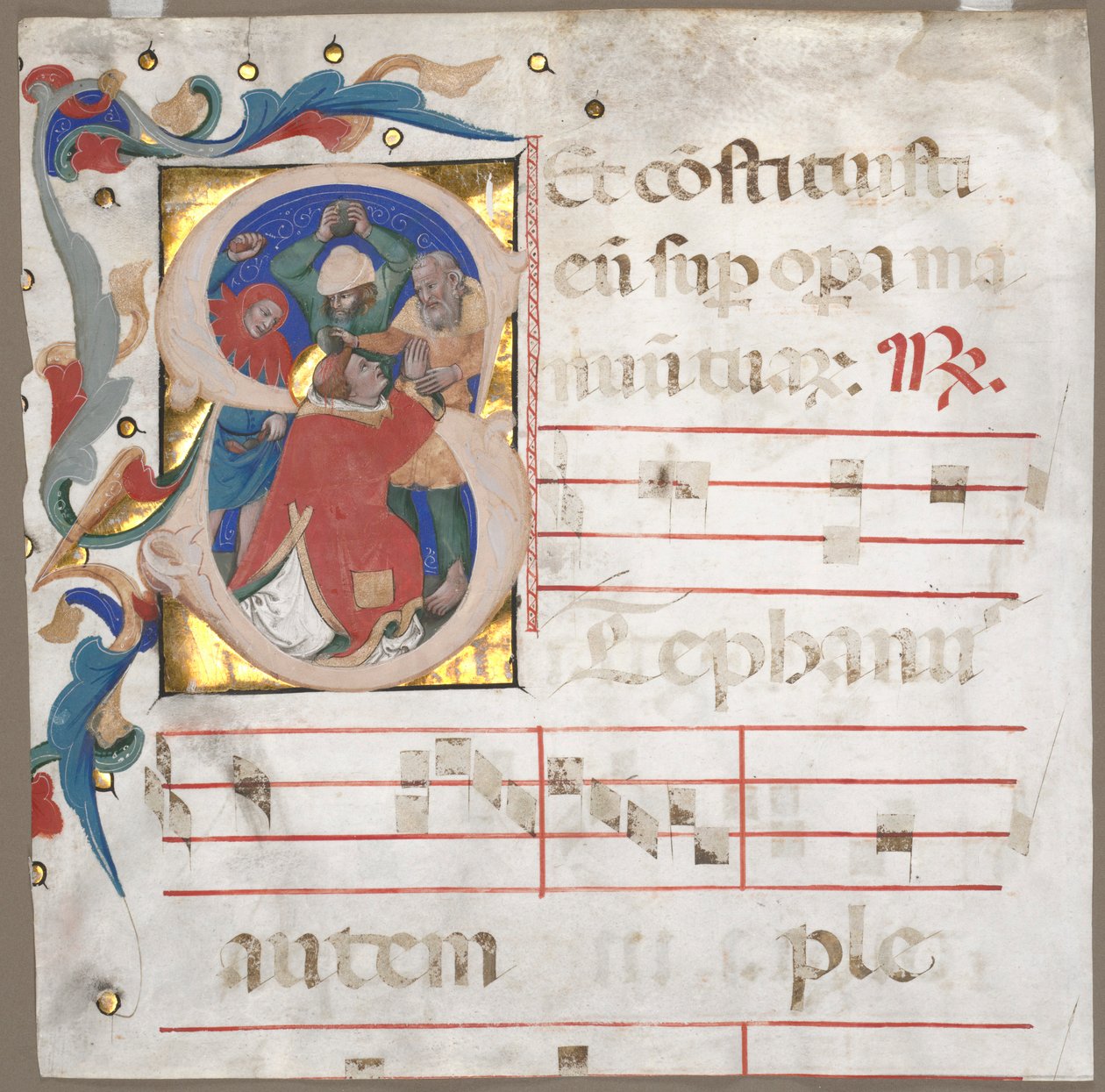 Fragmentti antifoniasta, jossa on historiallinen alkukirjain S: St. Stephenin kivittäminen, n. 1370-1372. tekijältä Nicolò da Bologna
