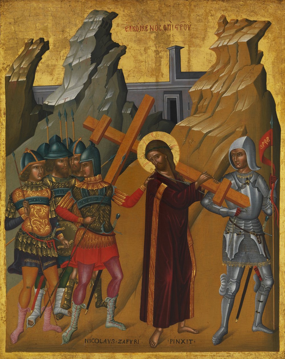 Kristus kantaa ristiä, n. 1590 (öljy ja tempera puulla, kultajauhettu) tekijältä Nicola Zafuri