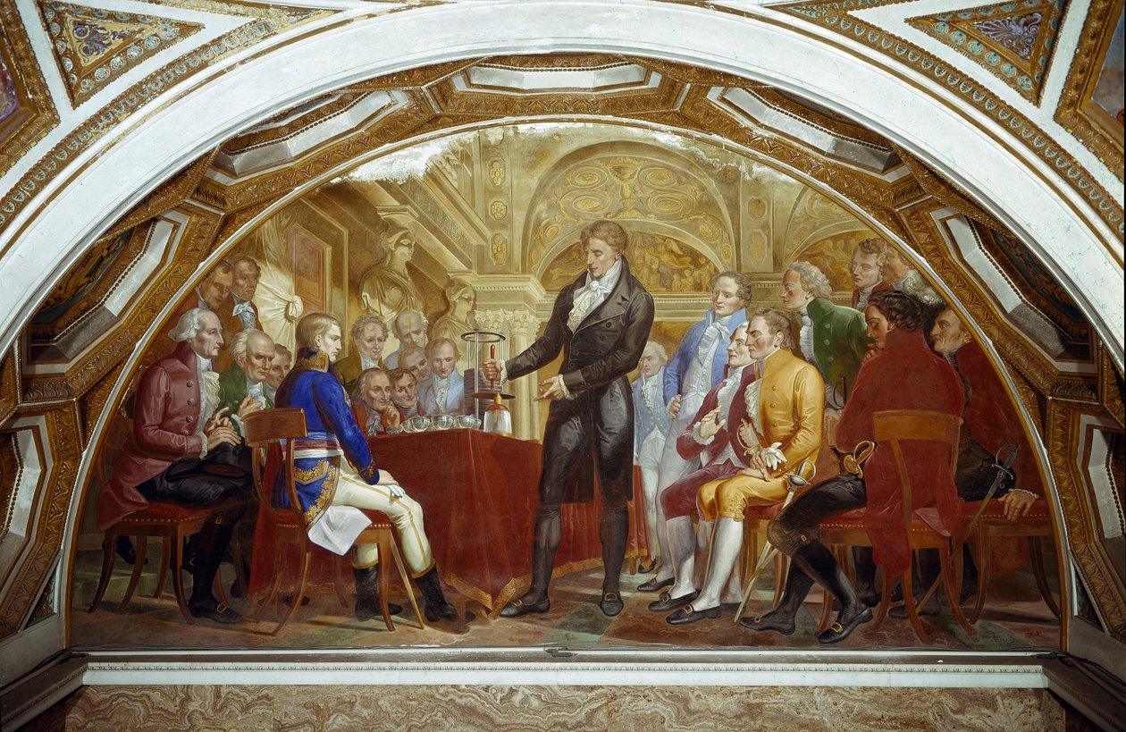 Alessandro (Alexandre) Volta (1745-1827) esitteli vuonna 1801 konsulille Napoleon Bonapartelle (1769-1821) Ranskan instituutissa tulokset kokeistaan, joiden ansiosta hän keksi ranskalaisen tiedemiehen Derriere Napoleon -sähköakun. tekijältä Nicola Cianfanelli