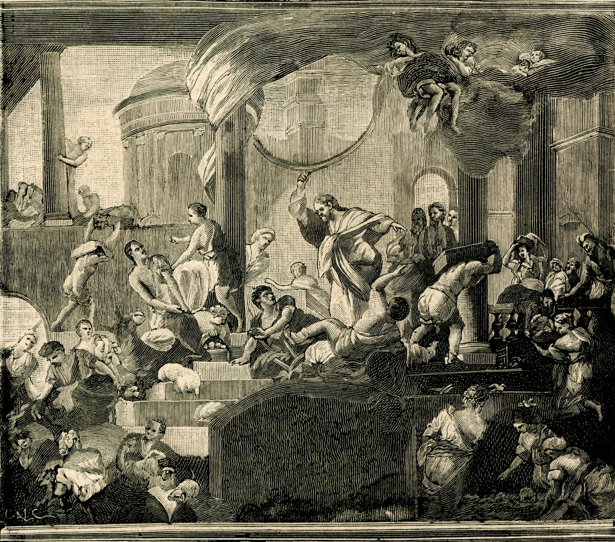 Jeesus ajoi kauppiaita temppelistä, Nicola Malinconicon (1663-1721) öljy kankaalle, Basilica of Sant
