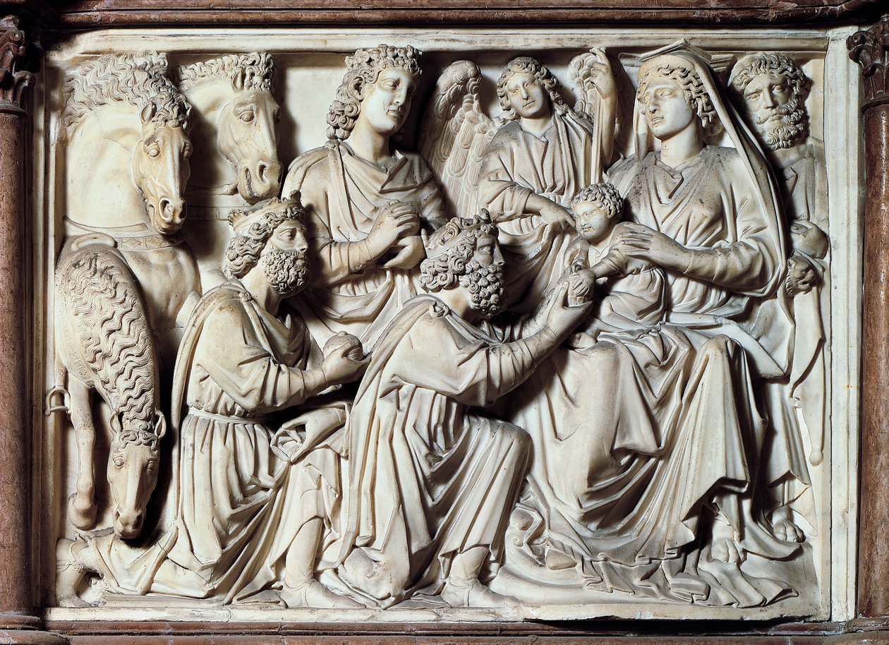 Adoration of Magi, laatta saarnatuolissa kohtauksia Kristuksen elämästä tekijältä Nicola Pisano