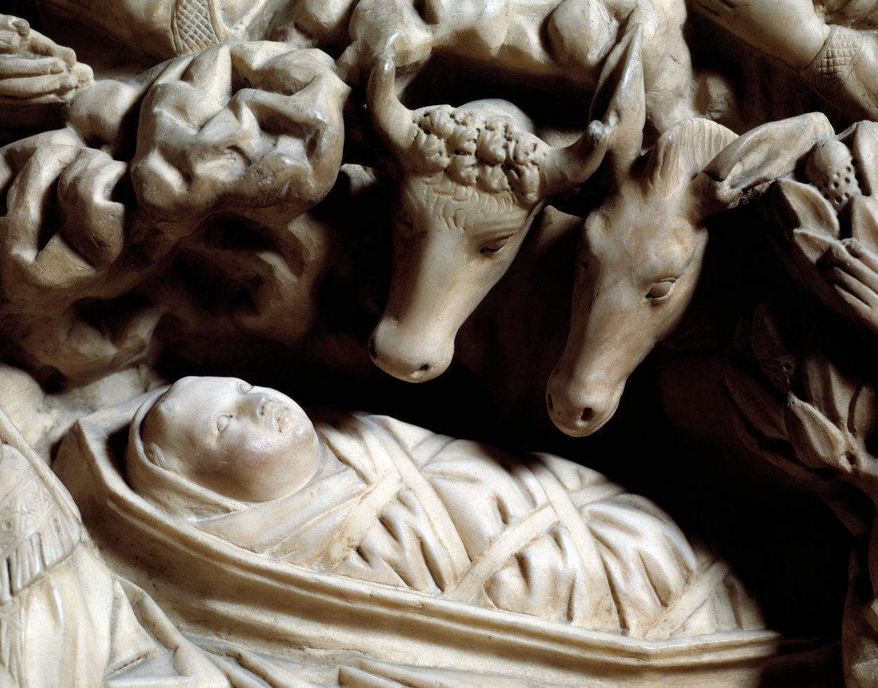 Taide ja goottilainen arkkitehtuuri: nativiitti - Yksityiskohta Nicola Pisanon (1215/20-1278/84) vuosina 1266-1268 tekemän marmoripöydän bareljeefeista (Marmorisaarnatuoliyksityiskohdat, syntymä) Cathedrale Notre-Dame-de-l 
