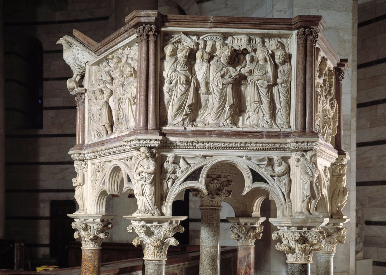 Tuolin toteuttanut Nicola Pisano (1215 / 20-1278 / 84) (Marmorisaarnatuoli) 1260 Baptistere Saint John of Pisa (Battistero San Giovanni di Pisa), Italia tekijältä Nicola Pisano