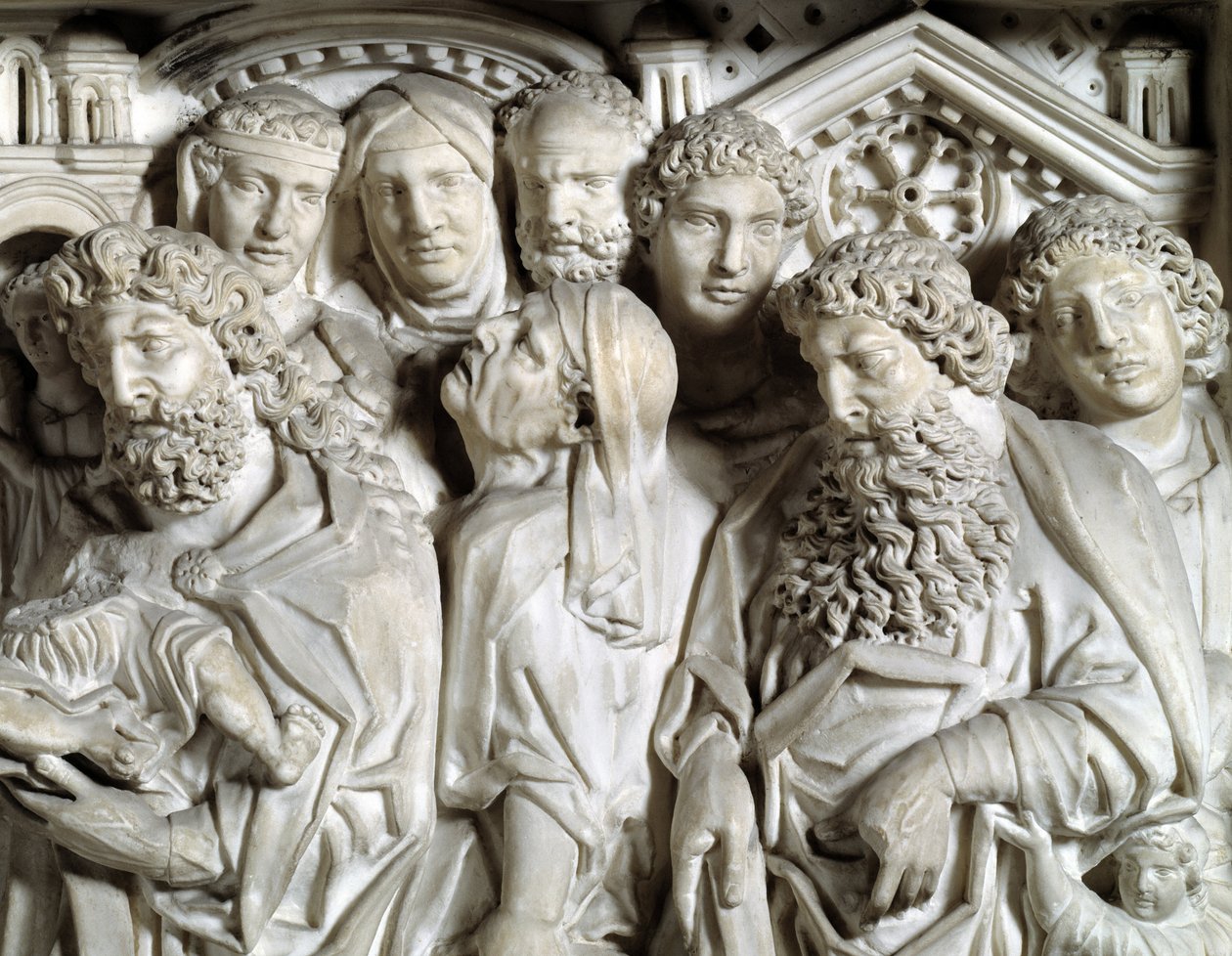 Jeesuksen esittely temppelissä (Jeesuksen esittely temppelissä) Yksityiskohta Tuolin toteuttaja Nicola Pisano (1215/20-1278/84) (Marmorisaarnatuoli) 1260 Pyhän Johannes Pisan kastaja (Battistero san Giovanni di Pisa), Italia tekijältä Nicola Pisano