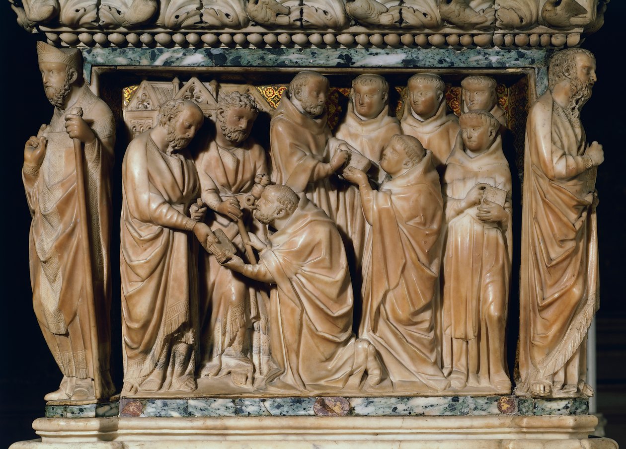 Apostolit Pietari ja Paavali ilmestyvät Pyhälle Dominicille, koristereliefi Arca di San Domenicosta, Nicola Pisano ja hänen työpajansa, marmori, San Domenicon kappeli, San Domenicon basilika, Bologna, Emilia-Romagna, Italia tekijältä Nicola Pisano