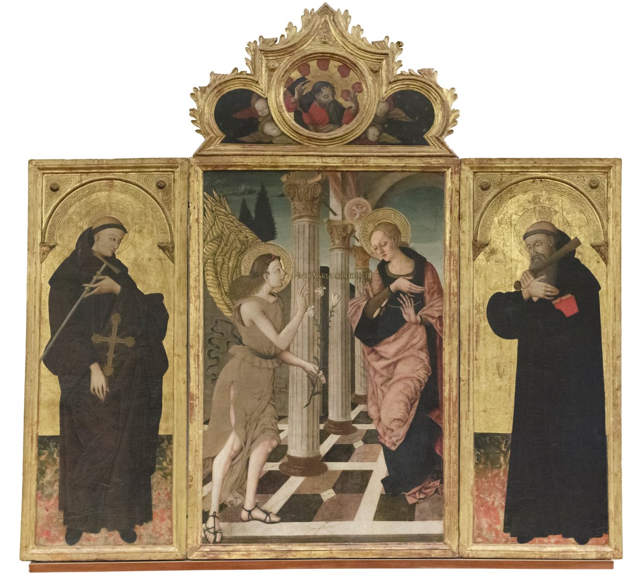 Pyhien Johannes Gualbertin ja Benedictuksen ilmoitus, noin 1500-05 (triptyykki paneelilla). tekijältä Nicola de Maestro Antonio