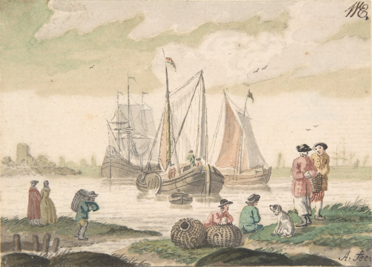 Merimaisema, seitsemän hahmoa ja koira, 1733-93. tekijältä Nicolaas Aartman