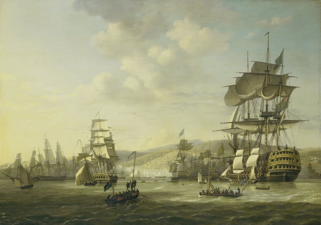 Englantilais-hollantilainen laivasto Algerinlahdella tukemassa uhkavaatimusta kristittyjen orjien vapauttamiseksi, 26. elokuuta 1816 Neljä jaksoa englantilais-hollantilaisen laivaston ollessa Algerinlahdella, 26.-27. elokuuta 1816 (sarjan nimi) tekijältä Nicolaas Baur