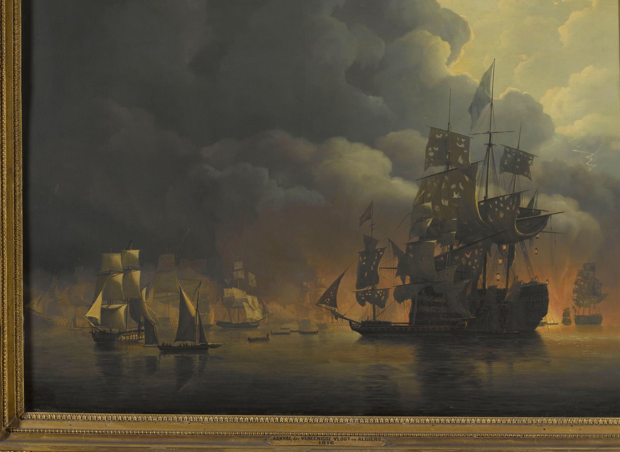 Englantilais-hollantilainen laivasto lordi Exmouthin ja vara-amiraali Jonkheer Theodorus Frederik van Capellenin alaisuudessa tuhoamassa Algerian linnoitusalueita, 27. elokuuta 1816 Neljä jaksoa englantilais-hollantilaisen laivaston ollessa Algerinlahdella tekijältä Nicolaas Baur
