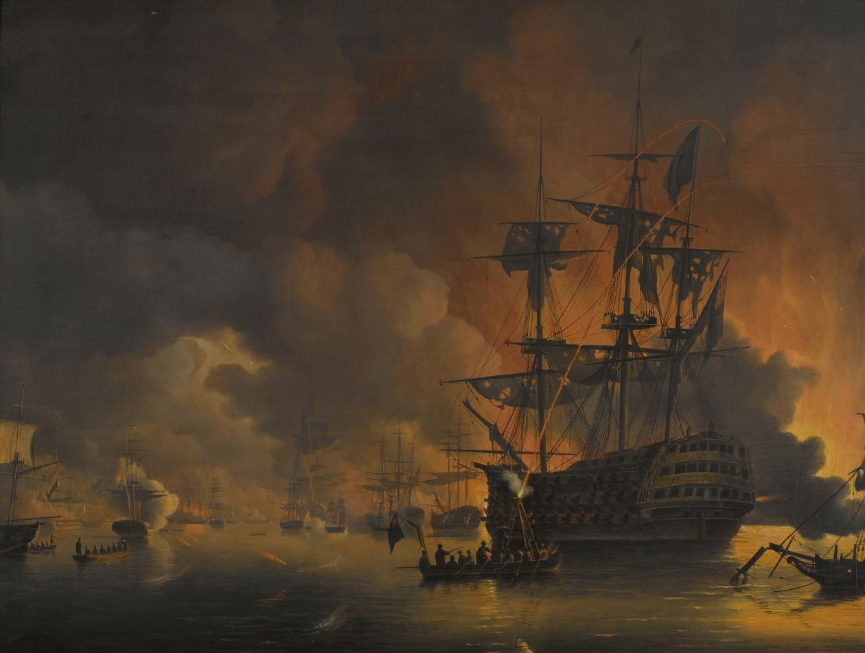 Palo Algerin laitureilla, pian sen jälkeen, kun englantilais-hollantilainen laivasto aloitti pommituksen, 27. elokuuta 1816 Neljä jaksoa englantilais-hollantilaisen laivaston ollessa Algerinlahdella, 26.-27. elokuuta 1816 (sarjan nimi) tekijältä Nicolaas Baur