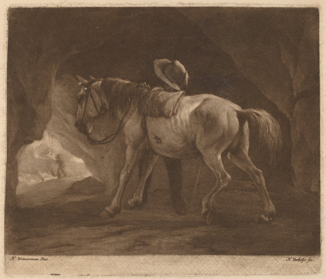 Pissivä hevonen tekijältä Nicolaas Verkolje after Philips Wouwerman