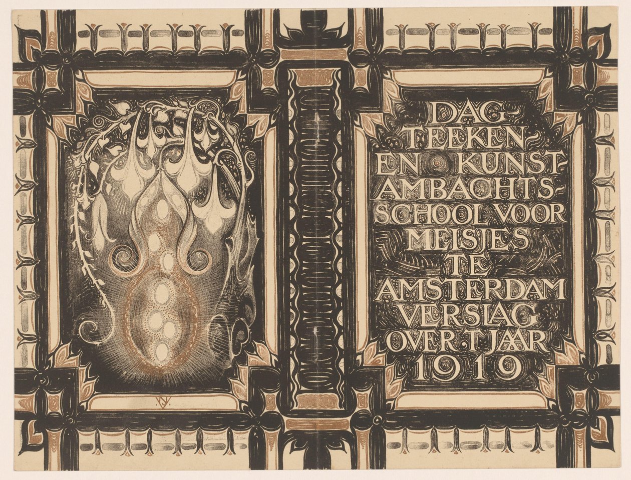 Bändisuunnittelu: Päivän raportti -piirustus- ja taidekäsityökoululle Amsterdamissa vuodelta 1919 tekijältä Nicolaas van de Vecht