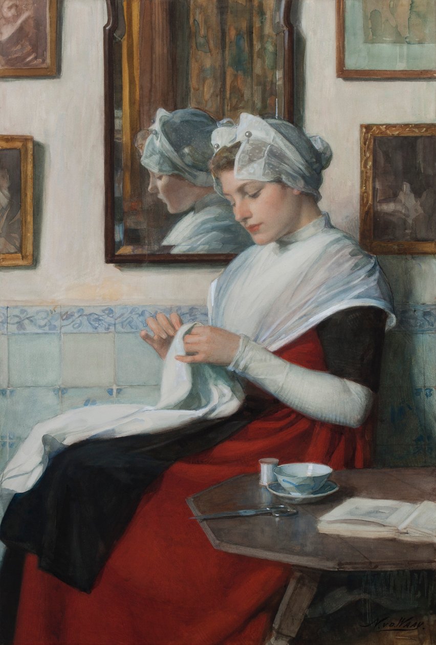 Amsterdamin orpotytön ompelu, n. 1890 (wc asetettu pahville) tekijältä Nicolaas van der Waay