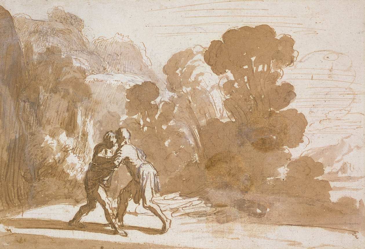 No.3192 Jaakob paini enkelin kanssa, n.1605-10 (kynä ja muste pesulla) tekijältä Nicolaes Cornelisz Moeyaert