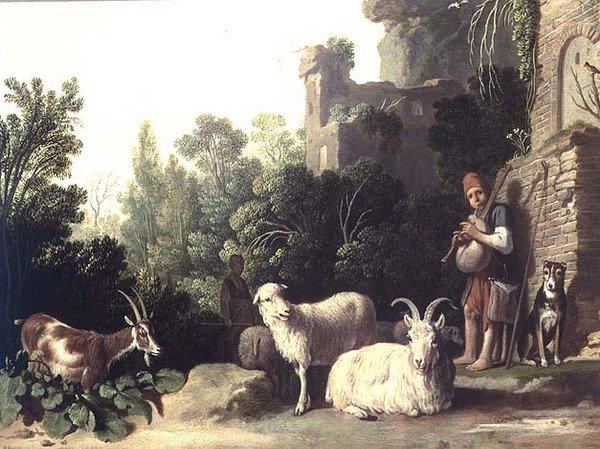 Goherd soittaa säkkipilliä (paneeli) tekijältä Nicolaes Cornelisz c.1592 1655 Moeyaert