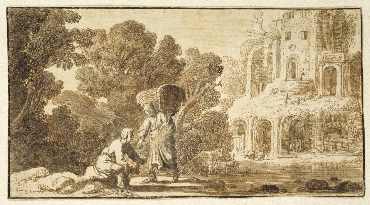 Tobias ja enkeli, n. 1625 (kynä ja muste paperille) tekijältä Nicolaes Cornelisz c.1592 1655 Moeyaert