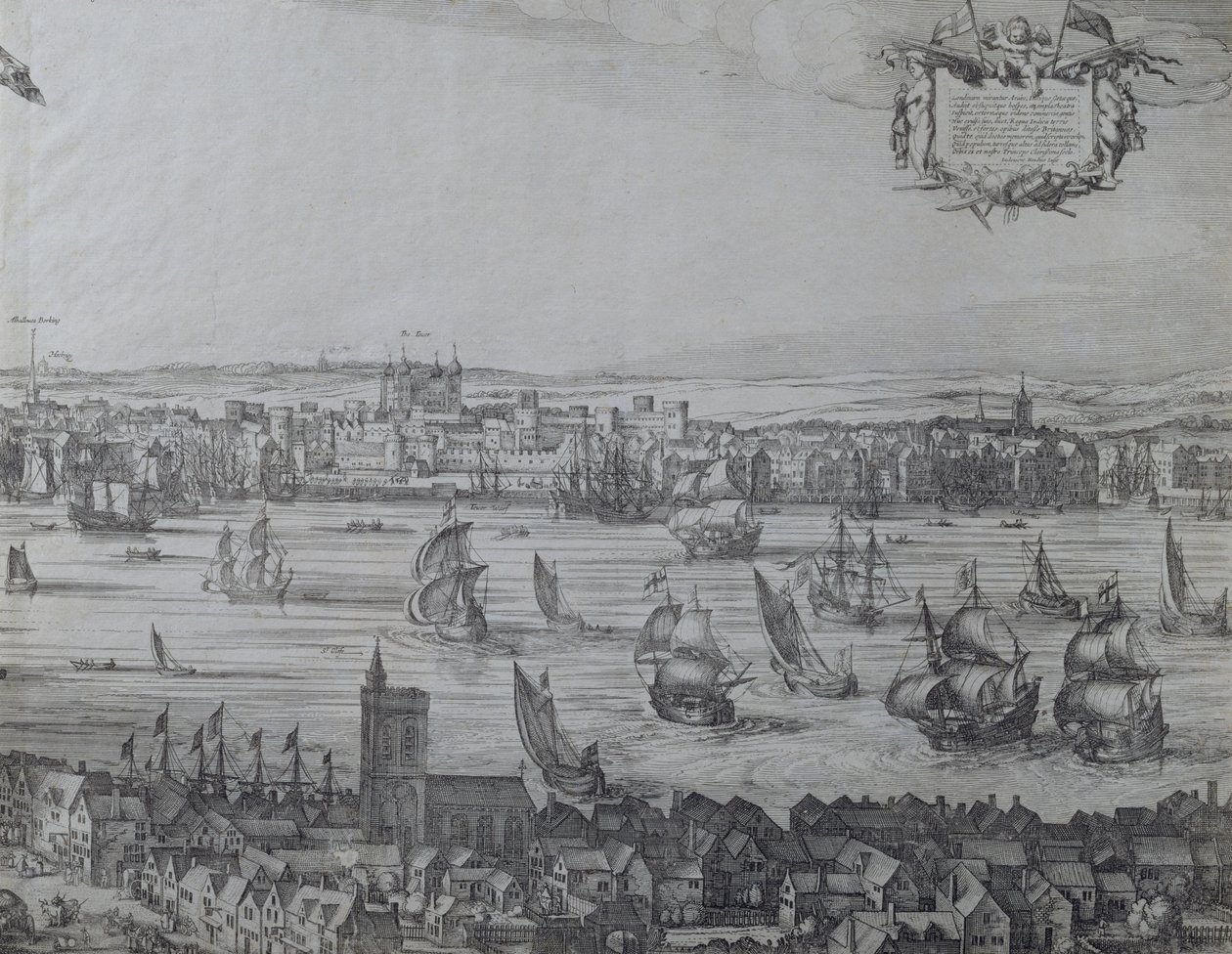 Panoraama Lontoosta ja Thamesista, osa neljä, joka näyttää Towerin ja Pyhän Olaven kirkon, n. 1600 (katso myös 7214 ja 64731-2) tekijältä Nicolaes Jansz Visscher