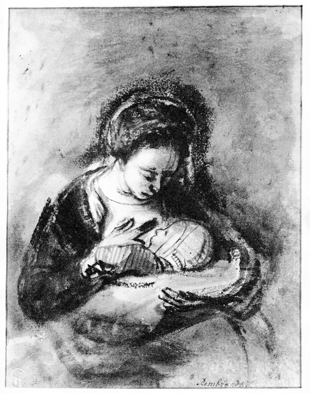 Äiti ja lapsi, n. 1655 (kynä, muste ja pesu paperille) tekijältä Nicolaes Maes