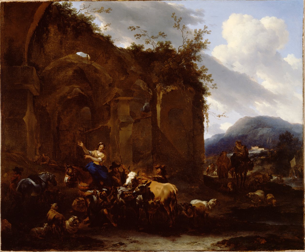 Viljelijä ja talonpojat lähellä roomalaisia raunioita tekijältä Nicolaes Pietersz. Berchem