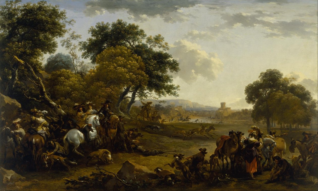 Maisema metsästysjuhlien kanssa tekijältä Nicolaes Pietersz. Berchem