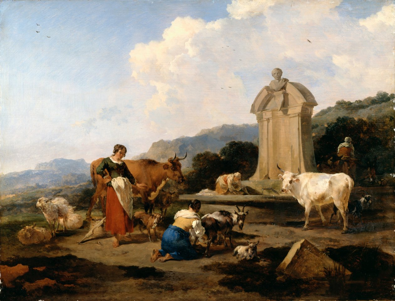 Roomalainen suihkulähde karjan ja hahmojen kanssa (Le Midi) tekijältä Nicolaes Pietersz. Berchem