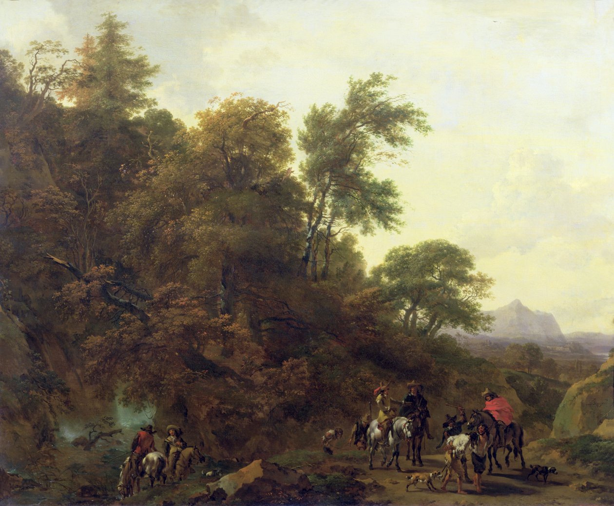 Metsäinen maisema, jossa sotilaat saattavat vankeja, 1656 tekijältä Nicolaes Pietersz. Berchem